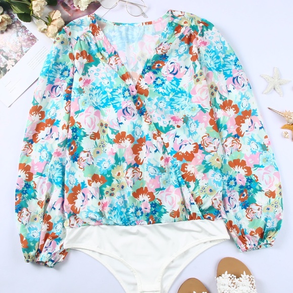 B051 Sky Blue Floral Print Wrap Long Sleeve Bodysuit - Picture 5 of 5